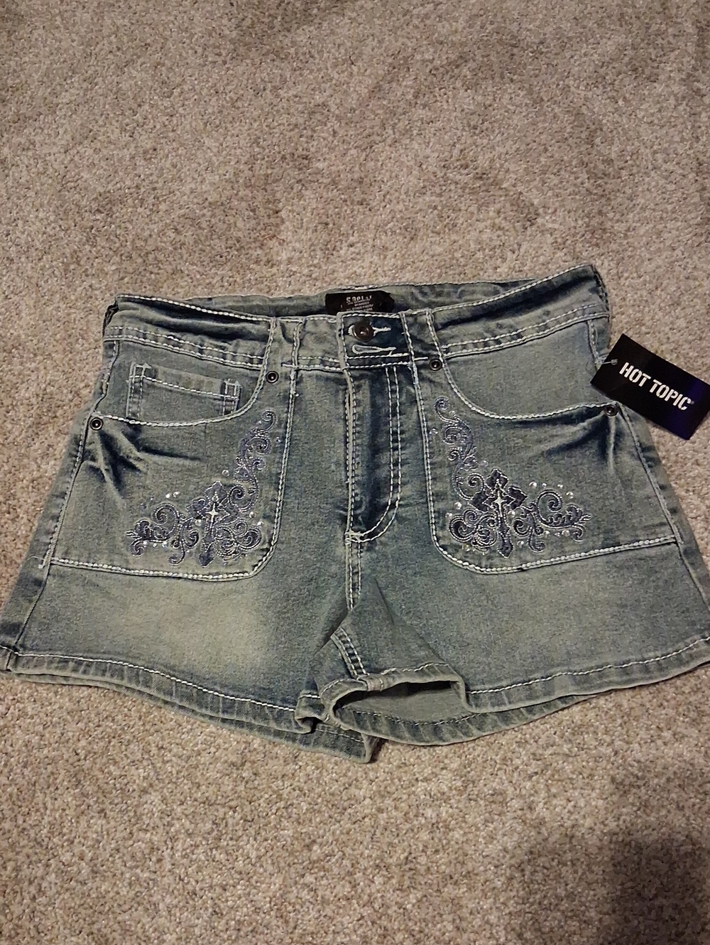 Hot Topic Faded Blue Denim Shorts with Embroidered Pockets
